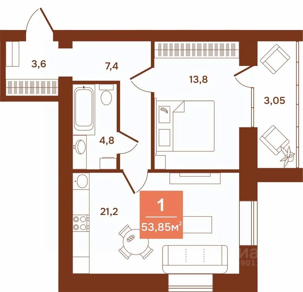 1-комн.кв., 53,9 м², 3/9 этаж