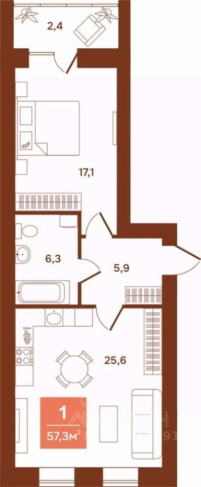 1-комн.кв., 57,3 м², 4/9 этаж