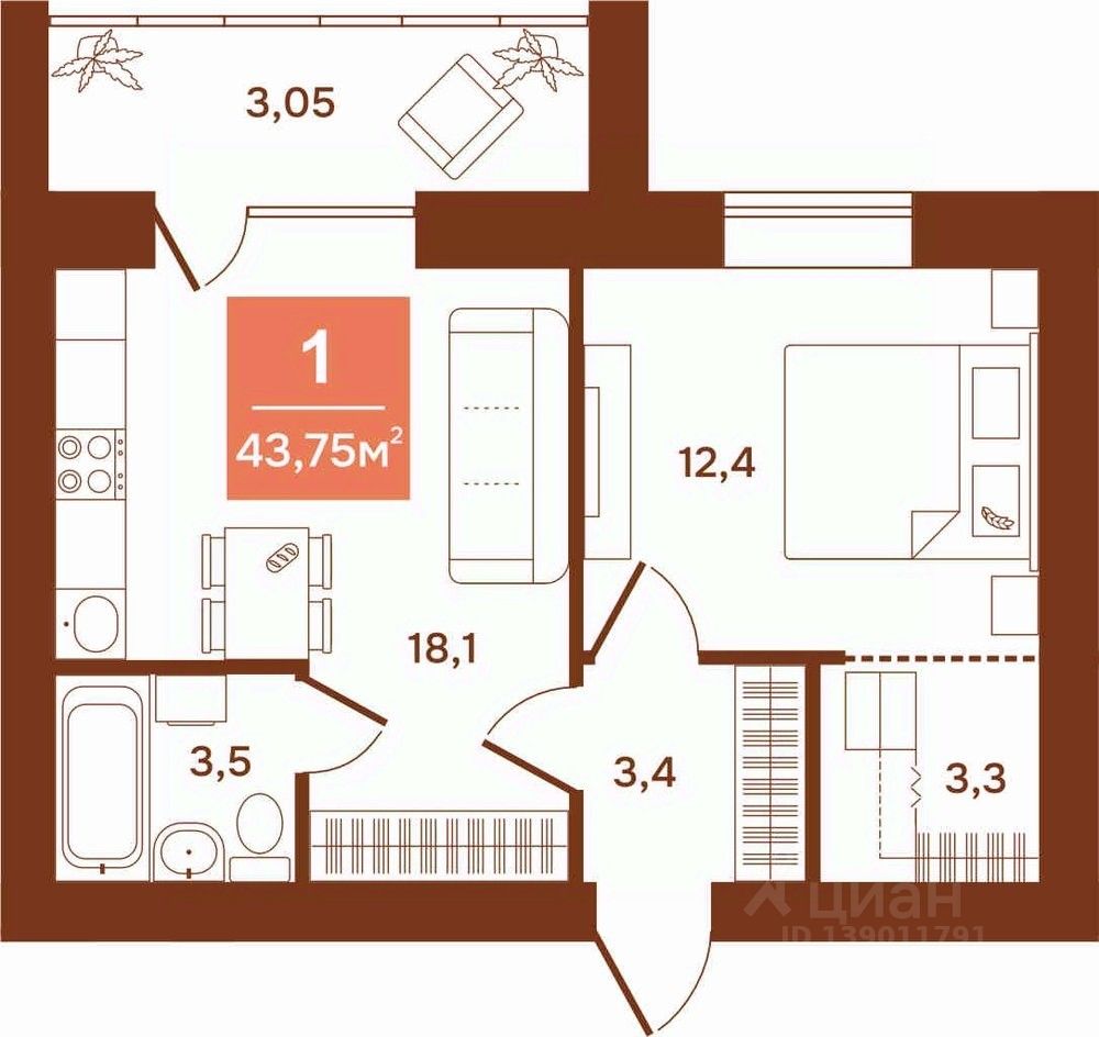 1-комн.кв., 43,8 м², 5/9 этаж
