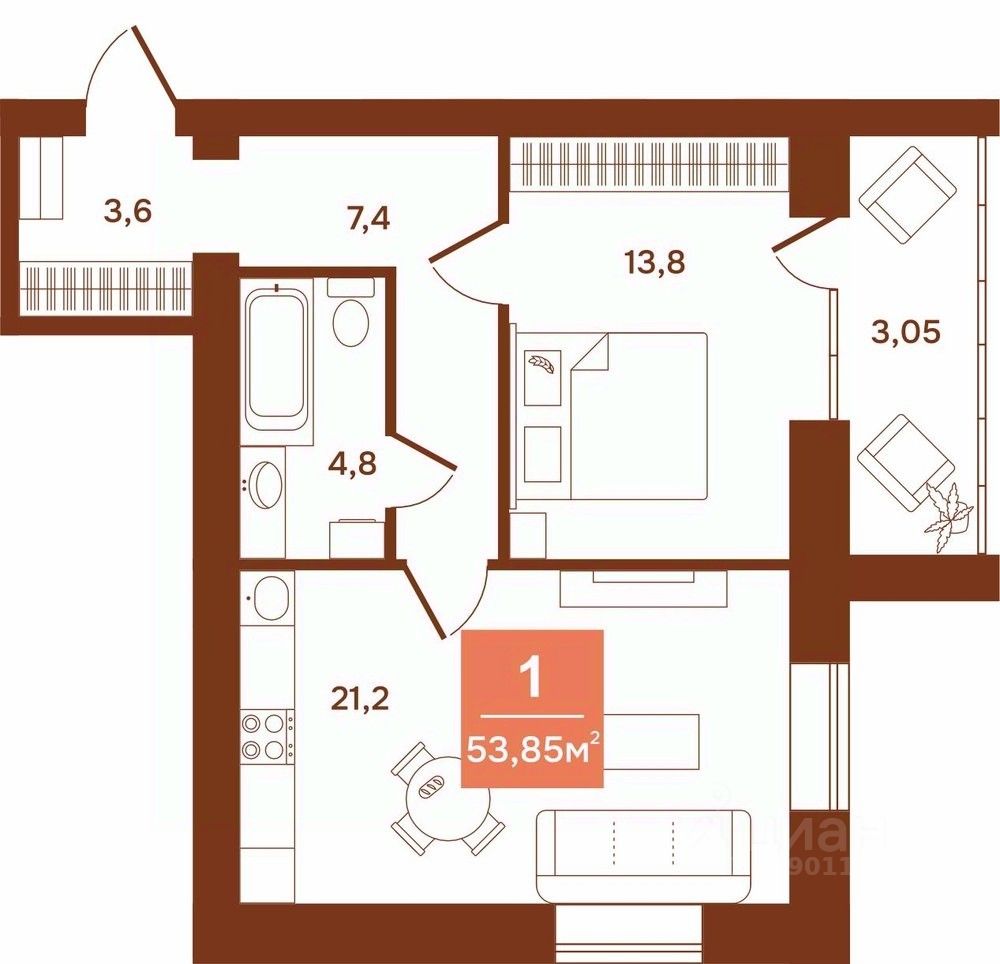 1-комн.кв., 53,9 м², 5/9 этаж