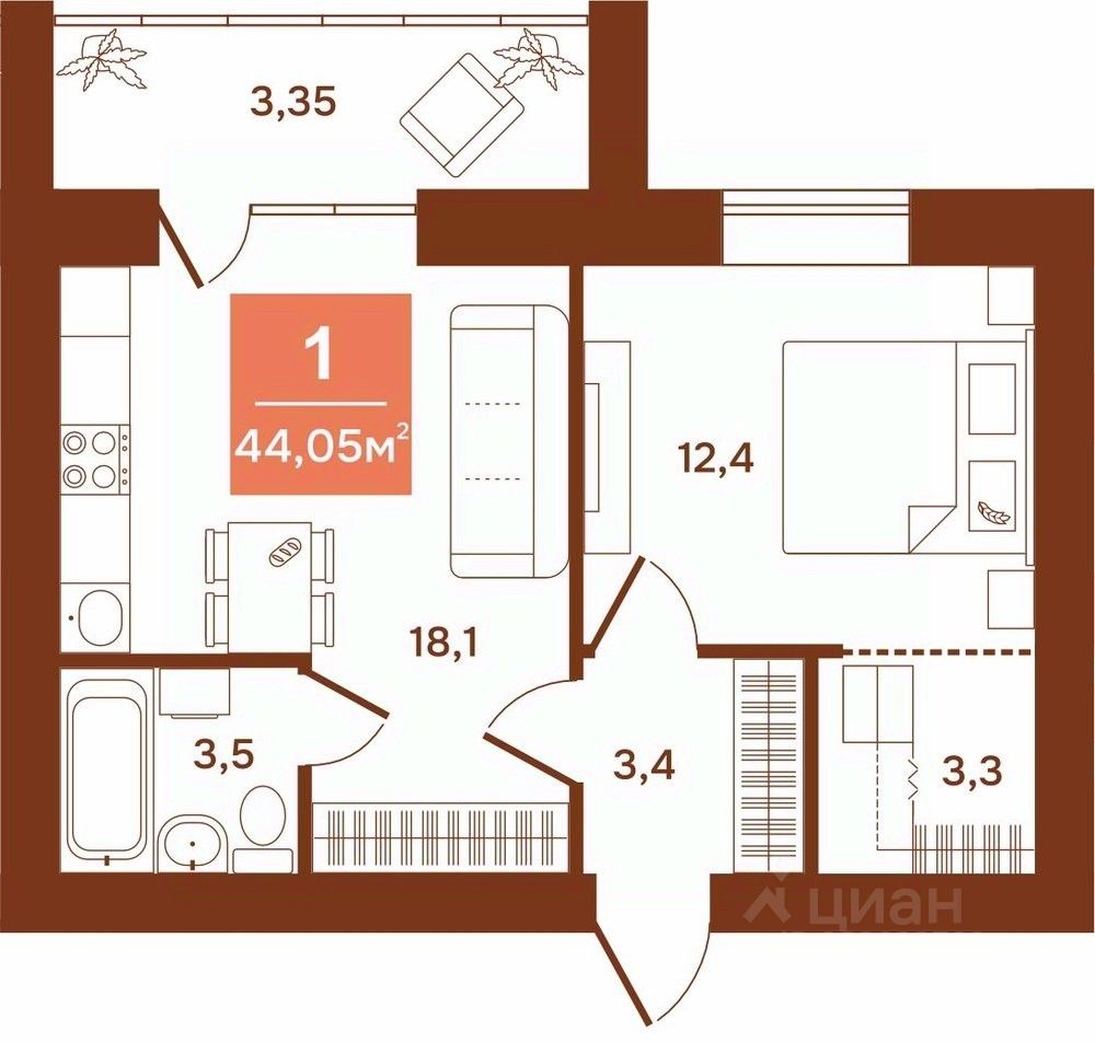 1-комн.кв., 44 м², 6/9 этаж