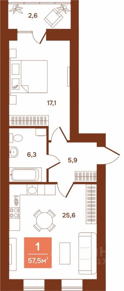 1-комн.кв., 57,5 м², 7/9 этаж