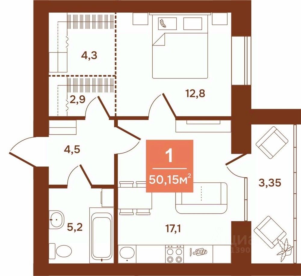 1-комн.кв., 50,1 м², 8/9 этаж
