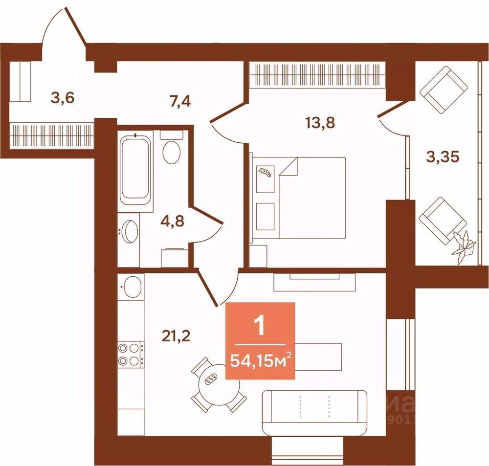 1-комн.кв., 54,1 м², 8/9 этаж
