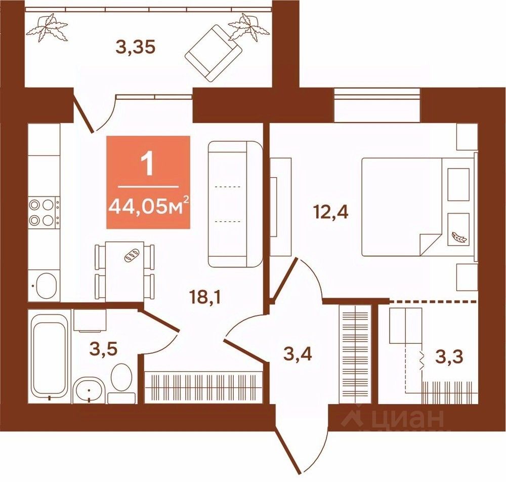 1-комн.кв., 44 м², 9/9 этаж