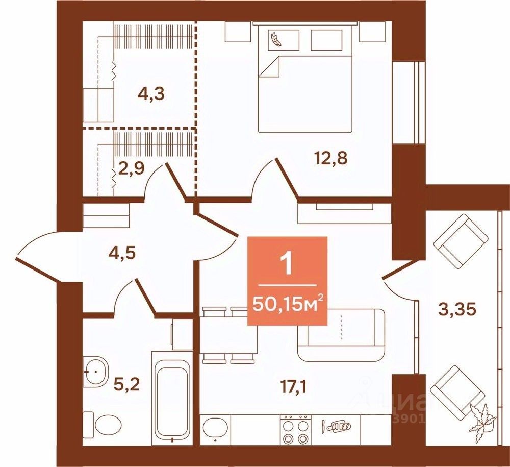 1-комн.кв., 50,1 м², 9/9 этаж