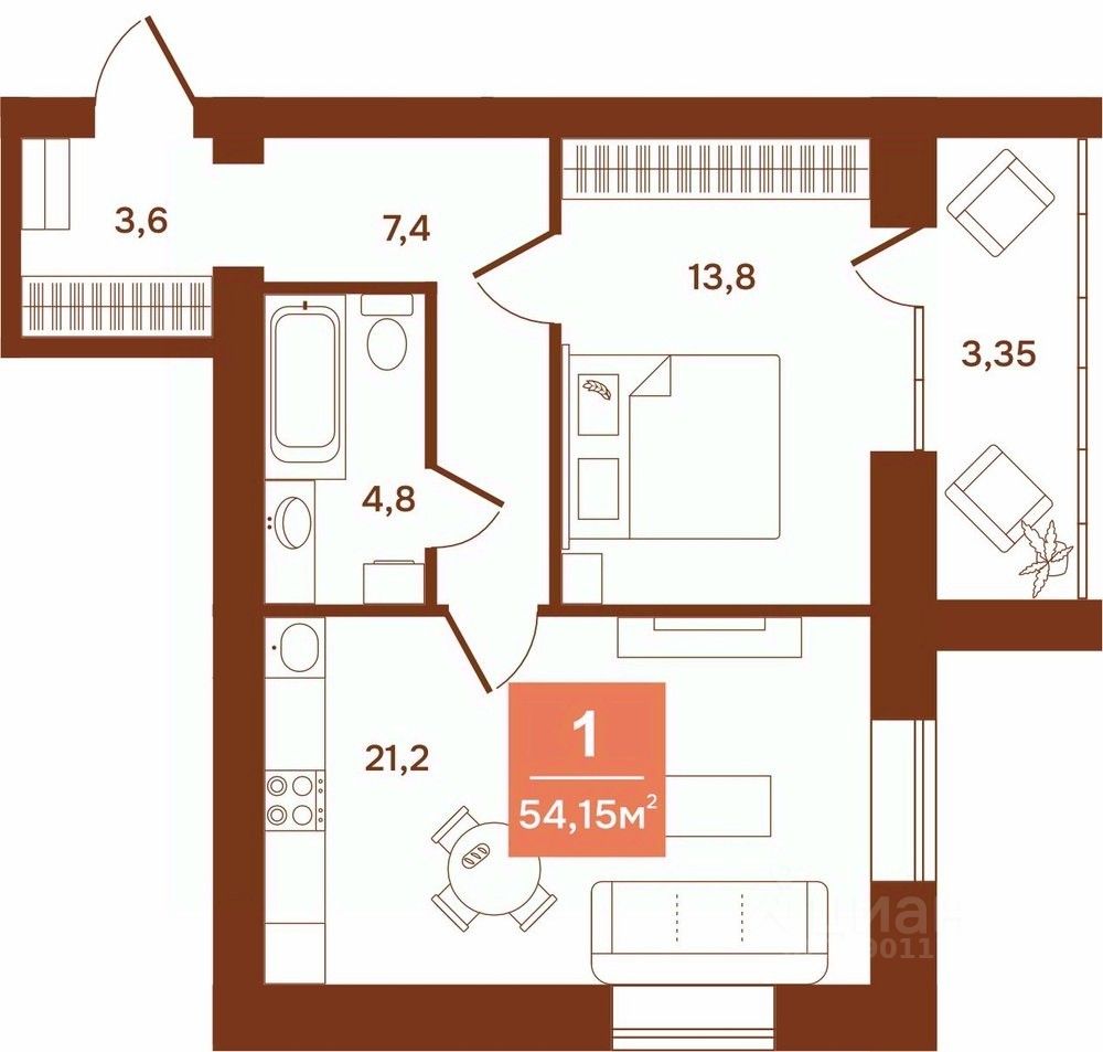 1-комн.кв., 54,1 м², 9/9 этаж