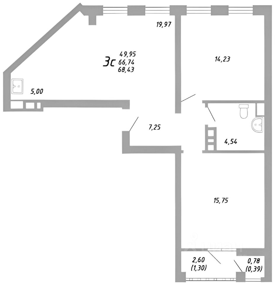 Планировка этой квартиры по данным Циан