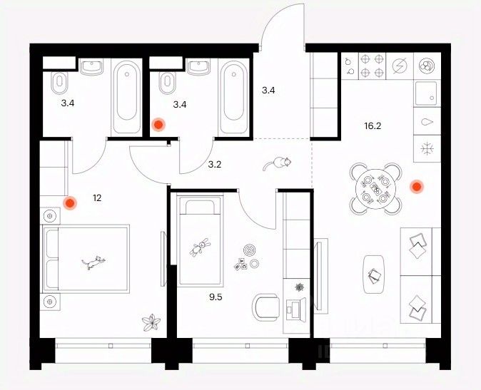 2-комн.кв., 51,1 м², 21/30 этаж