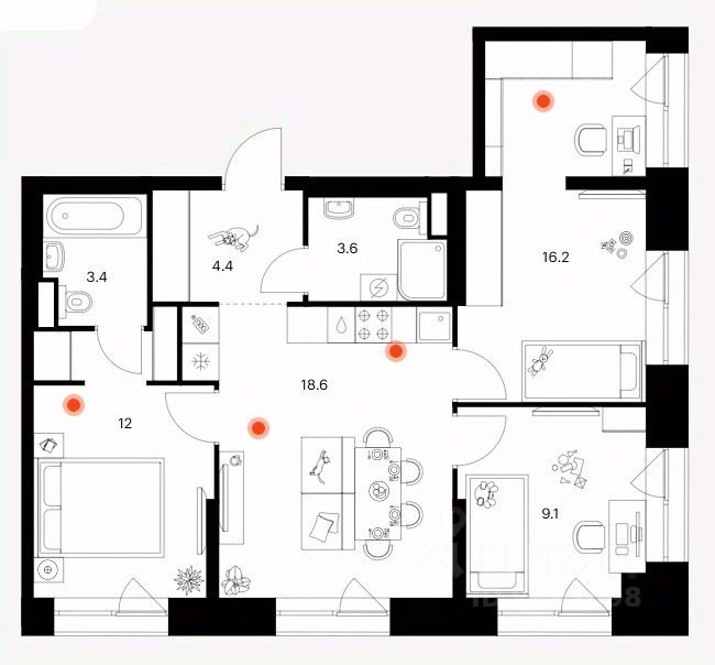 3-комн.кв., 67,3 м², 6/19 этаж