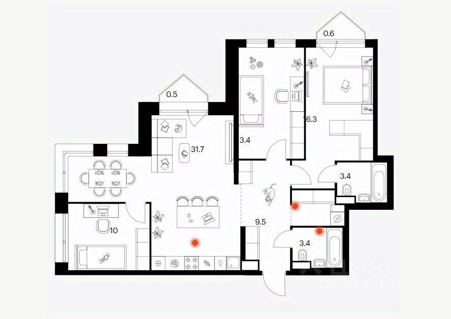 3-комн.кв., 92 м², 6/30 этаж
