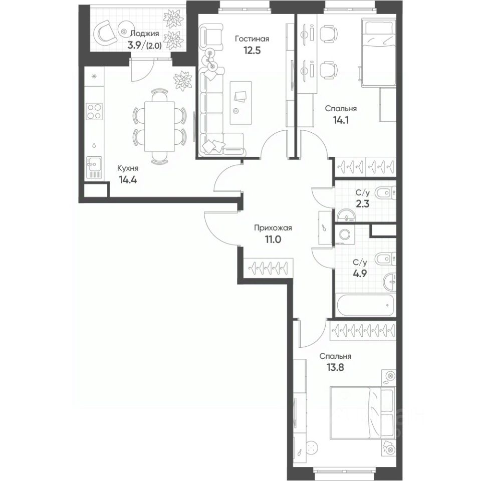 3-комн.кв., 74,8 м², 8/10 этаж