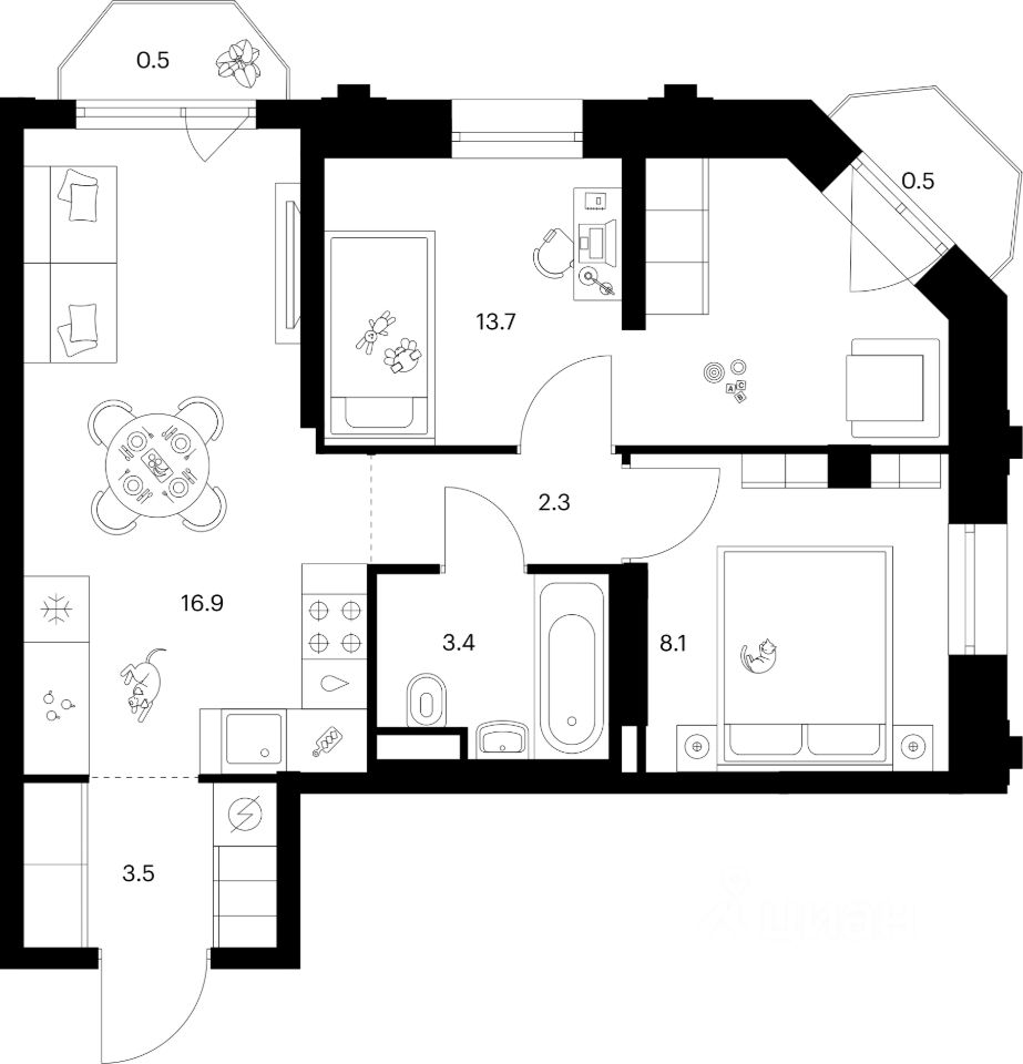 2-комн.кв., 48,9 м², 6/24 этаж