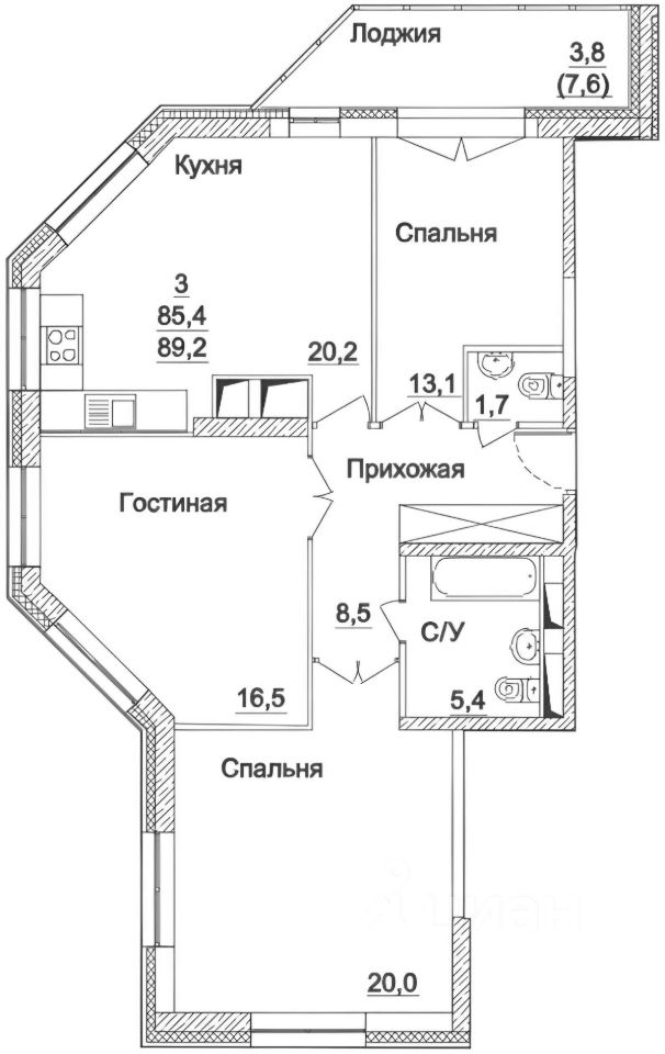 Планировка этой квартиры по данным Циан