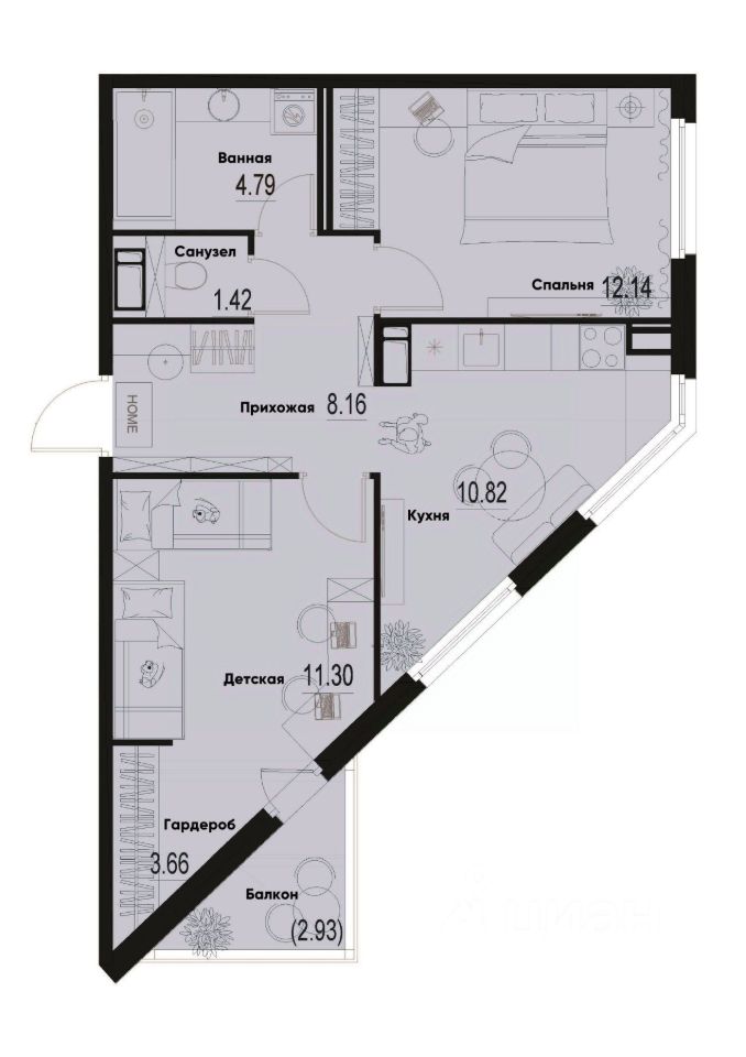 2-комн.кв., 53,2 м², 7/12 этаж