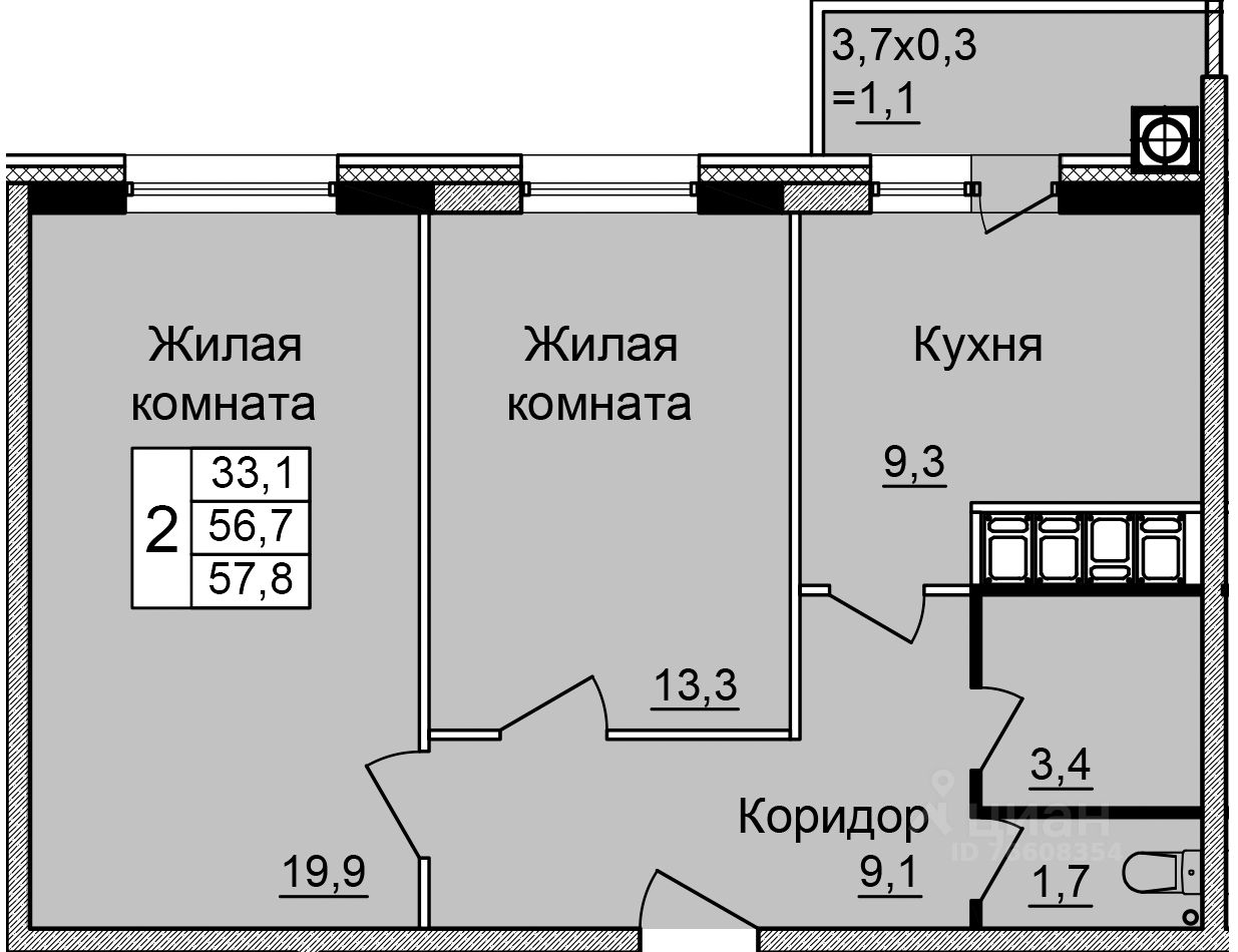 Планировка этой квартиры по данным Циан