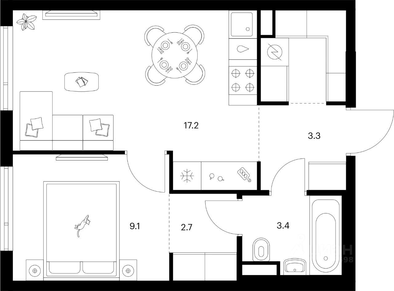 1-комн.кв., 39,1 м², 12/16 этаж