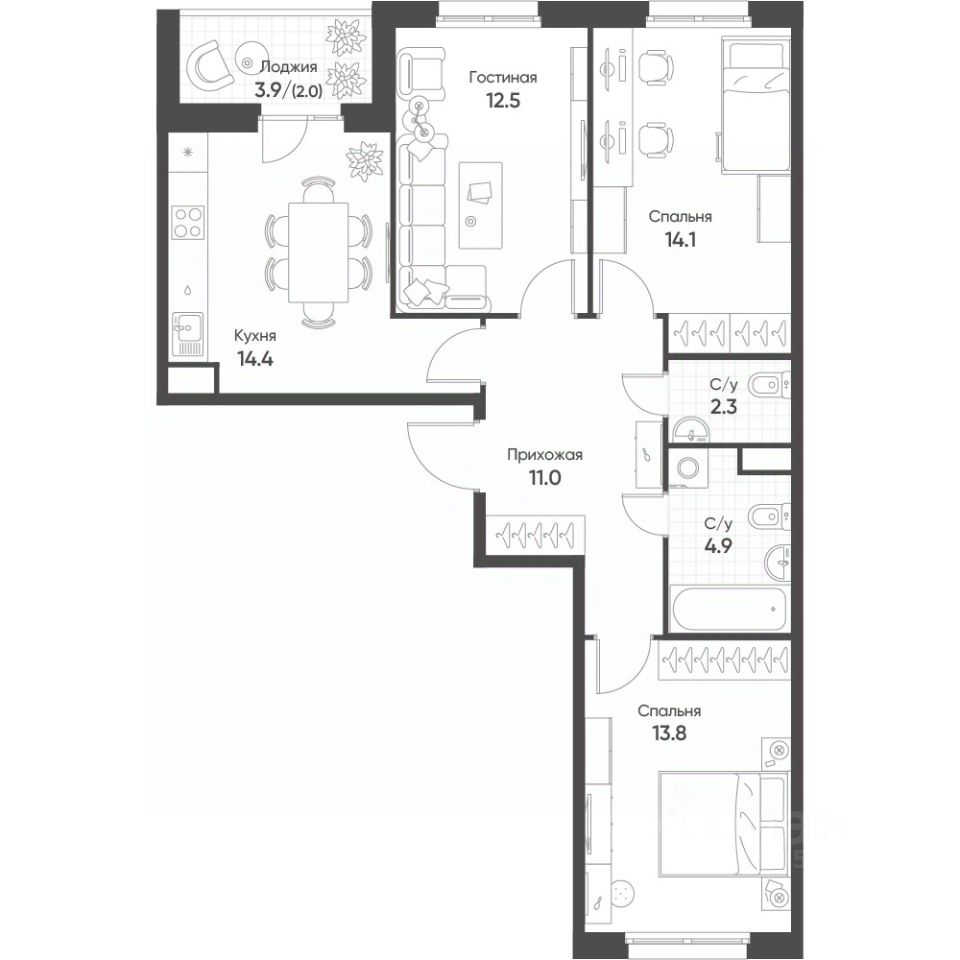 3-комн.кв., 74,8 м², 8/10 этаж