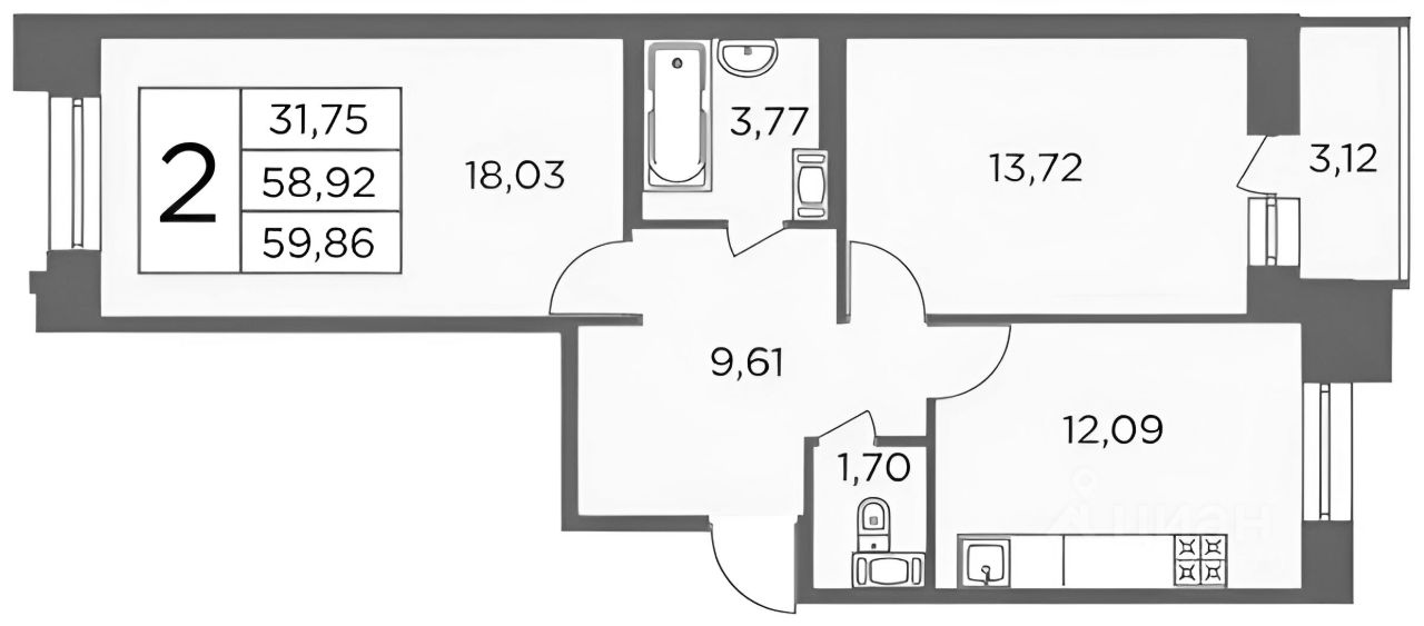 Планировка этой квартиры по данным Циан