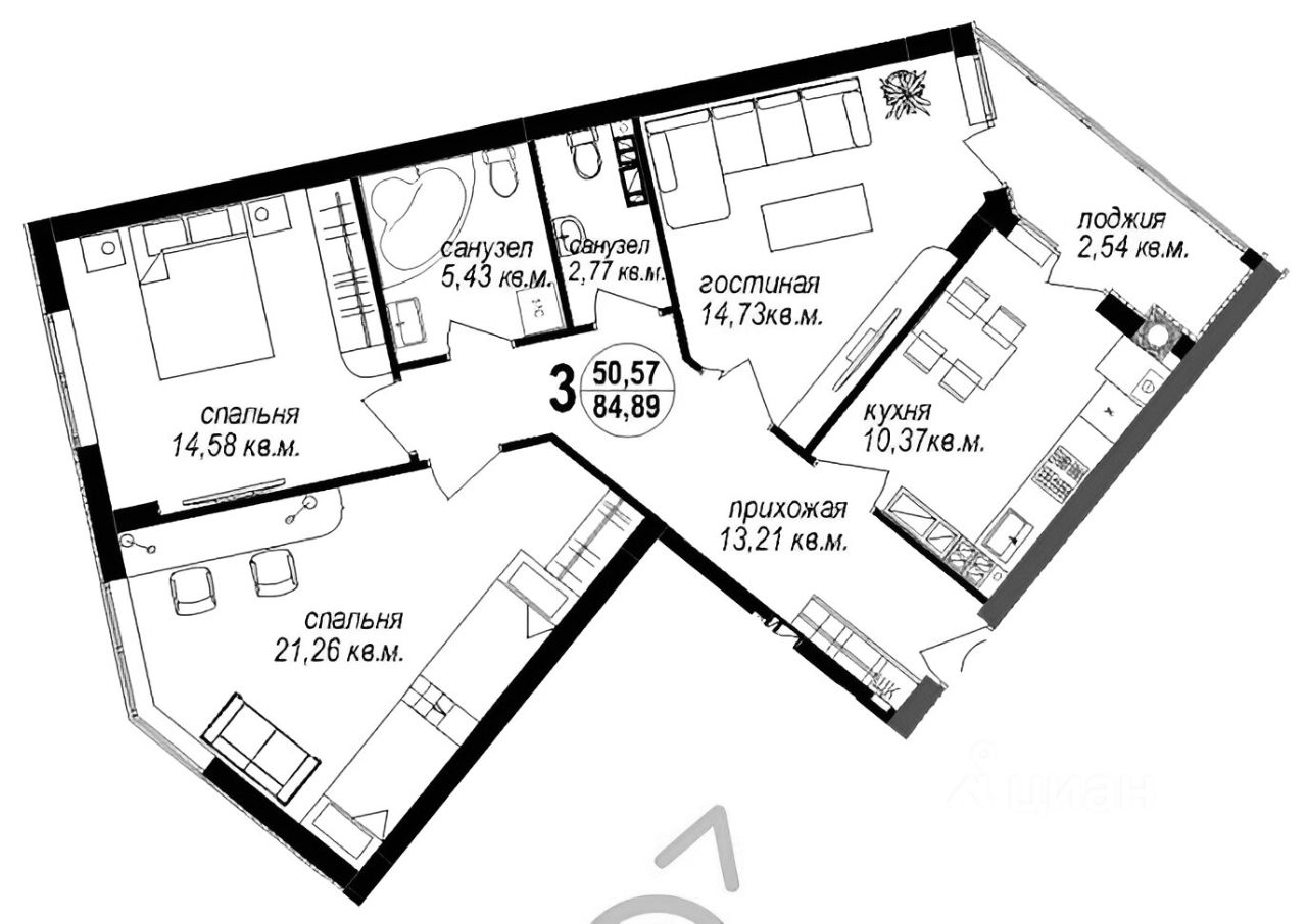 Планировка этой квартиры по данным Циан