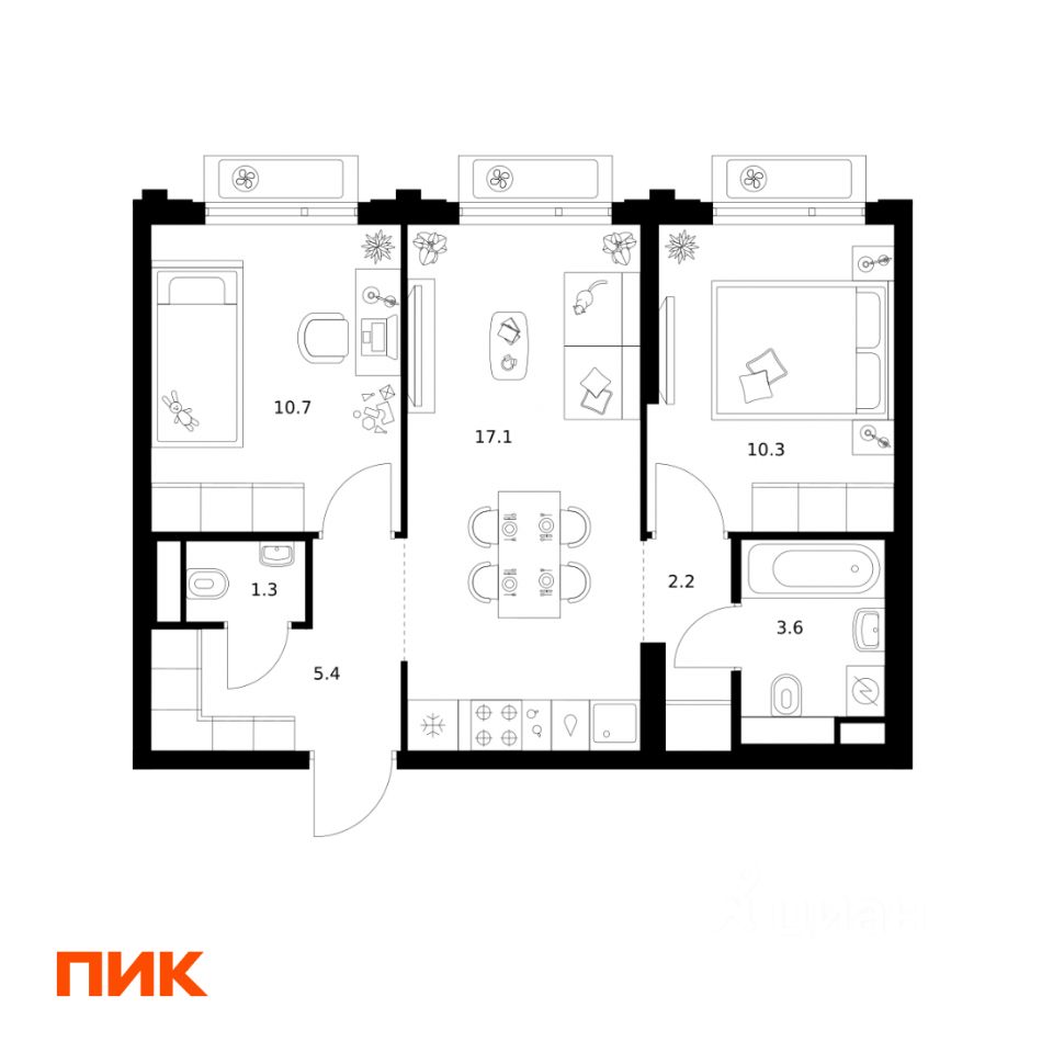 2-комн.кв., 50,6 м², 2/32 этаж