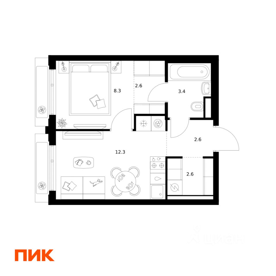 1-комн.кв., 31,8 м², 22/32 этаж