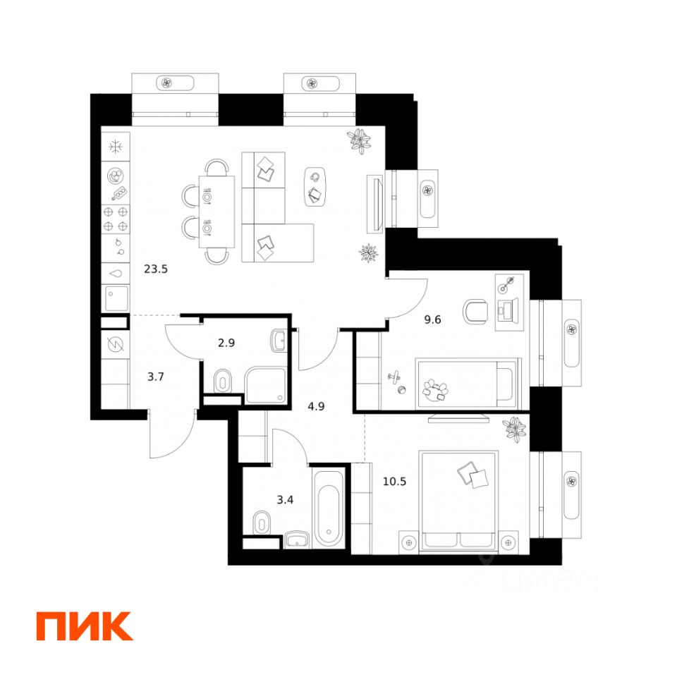 2-комн.кв., 58,5 м², 28/32 этаж