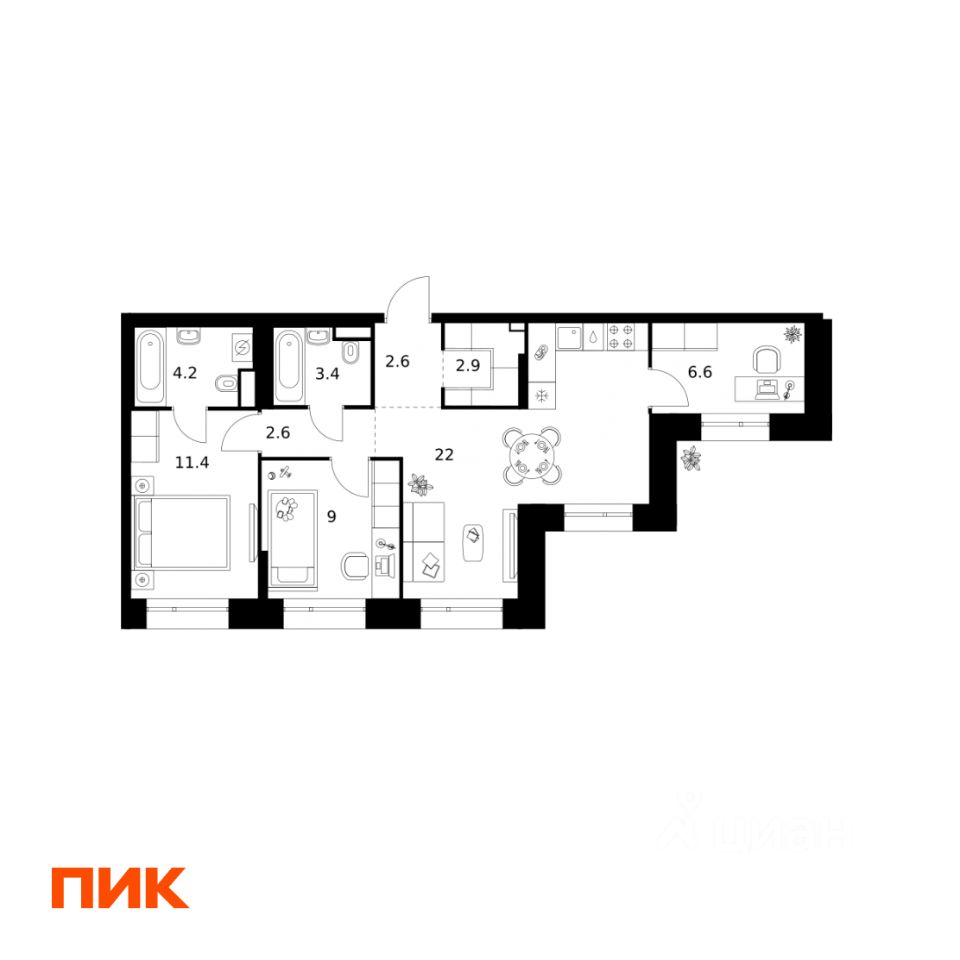 2-комн.кв., 64,7 м², 29/32 этаж