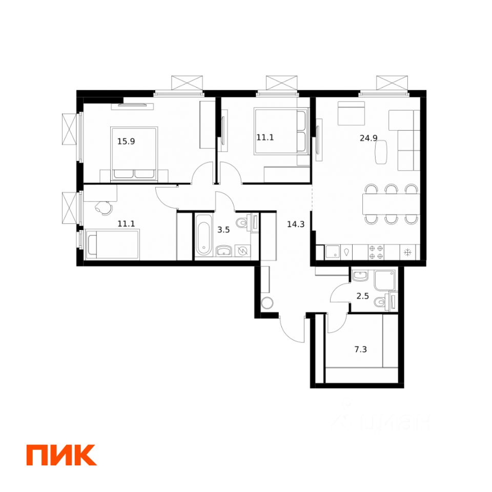 3-комн.кв., 90,6 м², 10/25 этаж