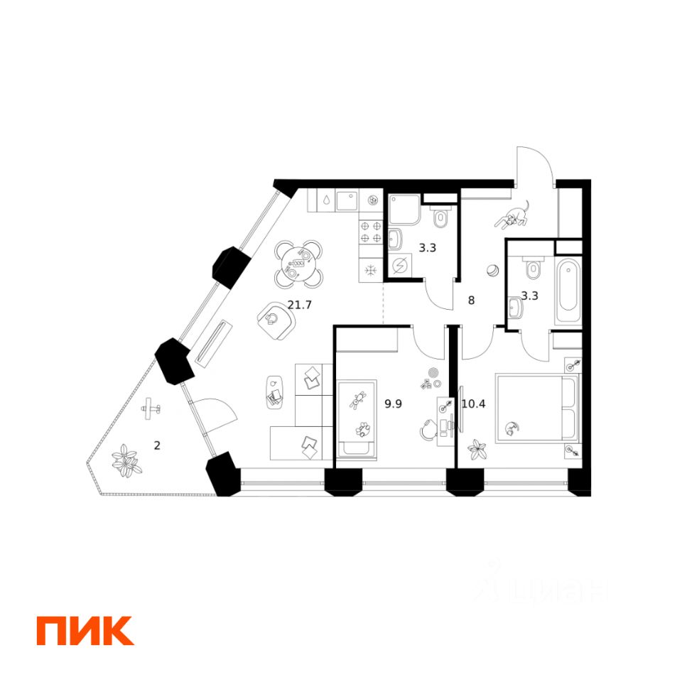 2-комн.кв., 58,6 м², 4/39 этаж