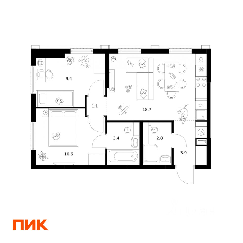 2-комн.кв., 49,9 м², 13/17 этаж