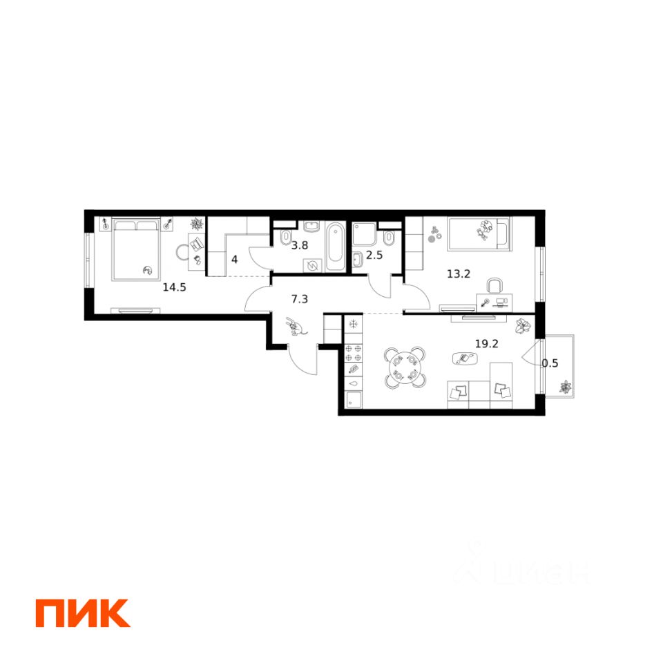 2-комн.кв., 65 м², 12/12 этаж