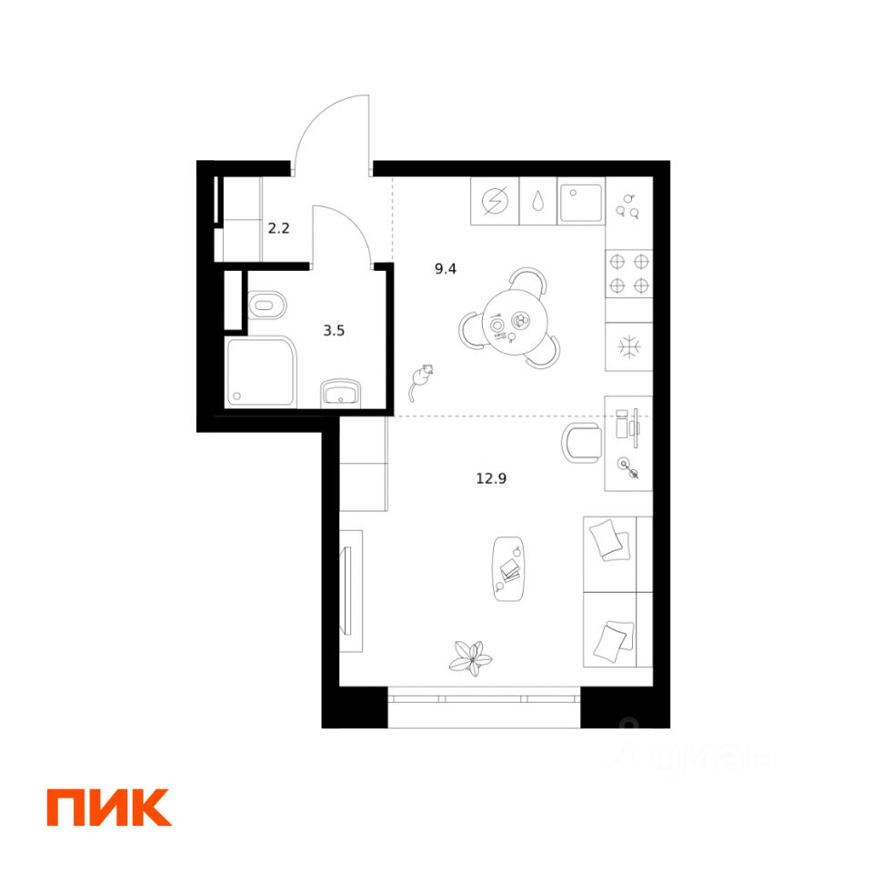 Студия, 28 м², 6/12 этаж