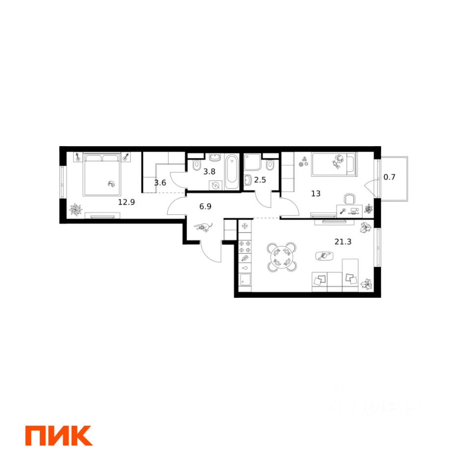 2-комн.кв., 64,7 м², 8/14 этаж
