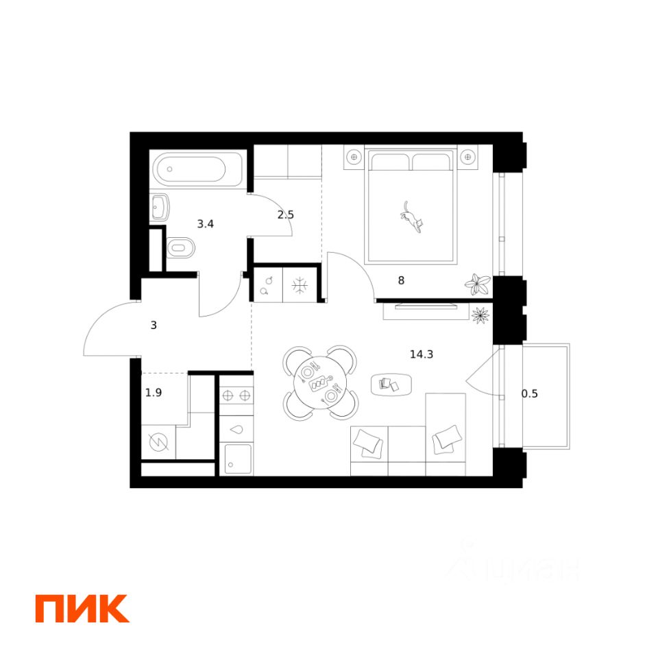 1-комн.кв., 33,6 м², 15/29 этаж