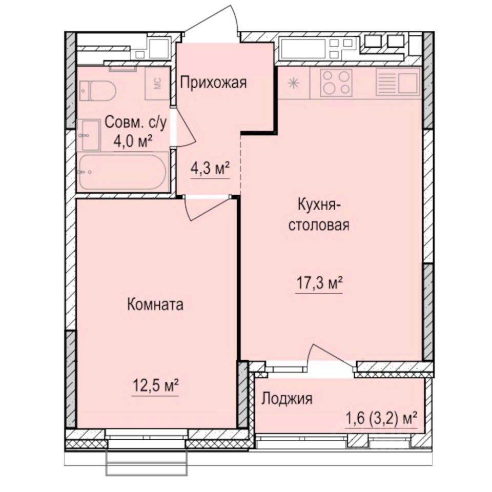 1-комн.кв., 39,7 м², 6/17 этаж