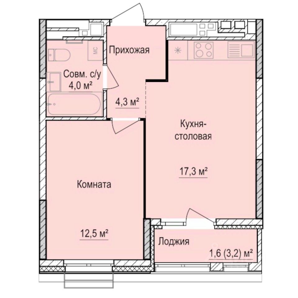1-комн.кв., 39,7 м², 7/17 этаж