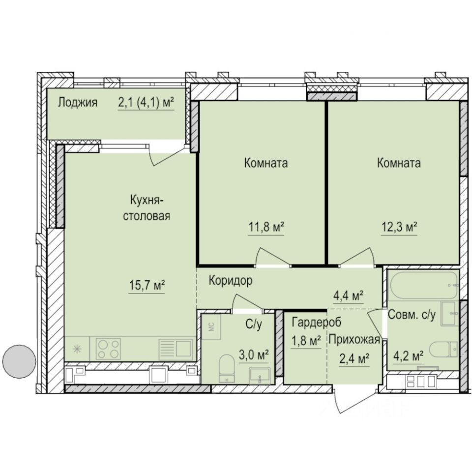 2-комн.кв., 57,7 м², 3/17 этаж