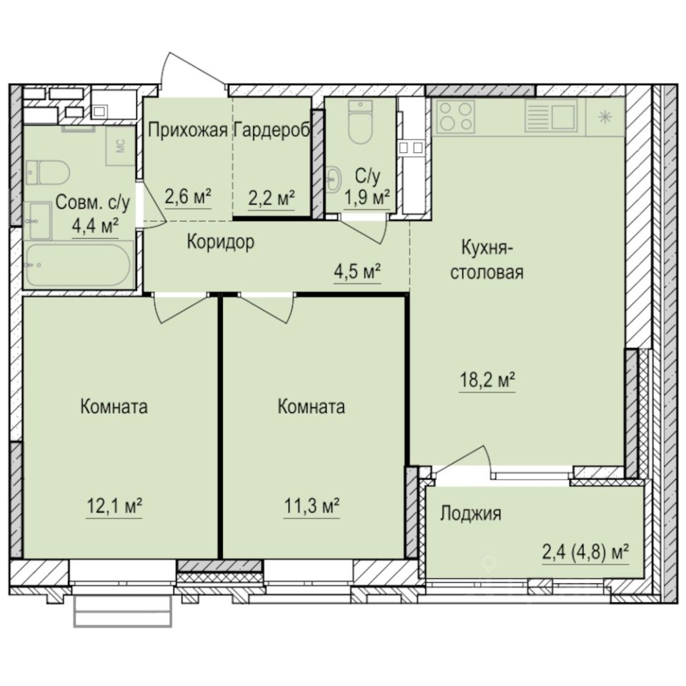 2-комн.кв., 59,6 м², 2/17 этаж