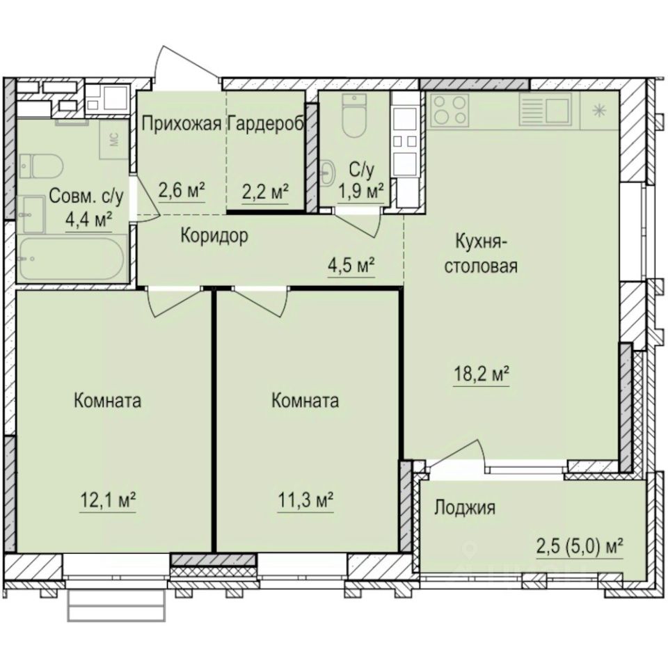 2-комн.кв., 59,7 м², 3/17 этаж