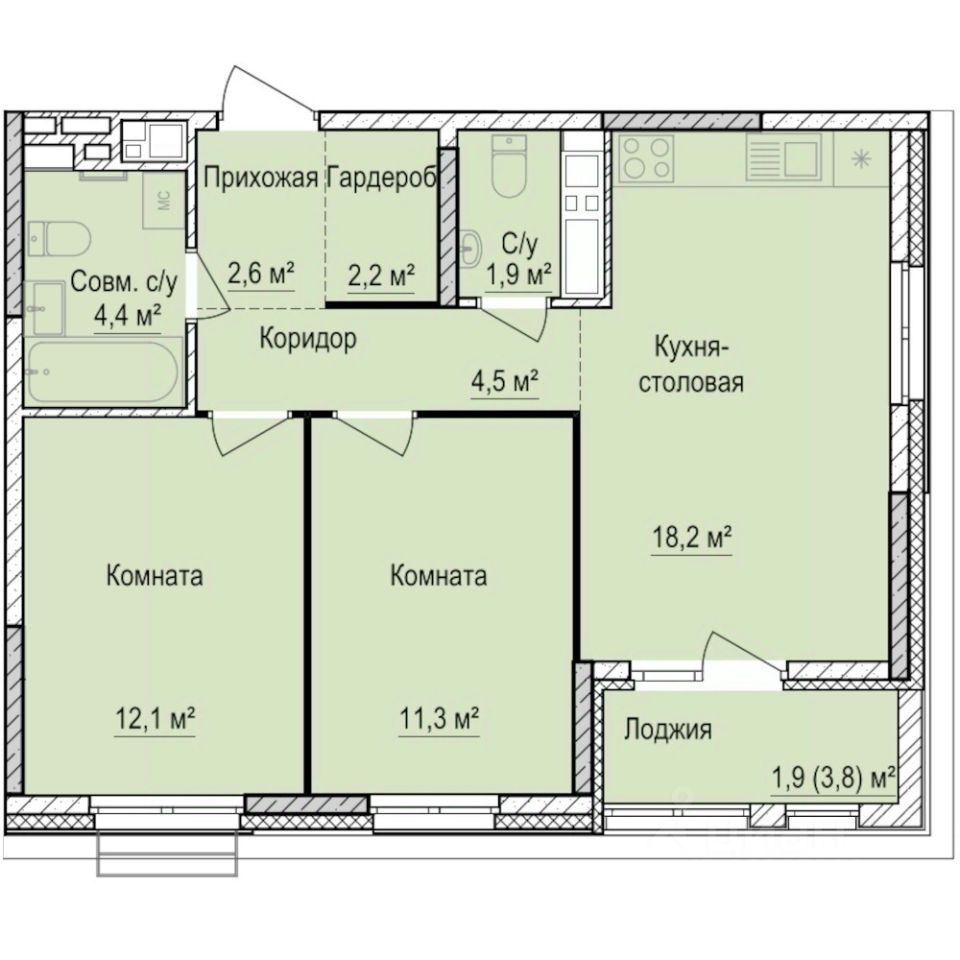 2-комн.кв., 59,1 м², 6/17 этаж