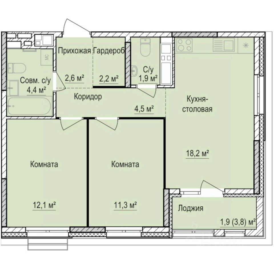 2-комн.кв., 59,1 м², 7/17 этаж