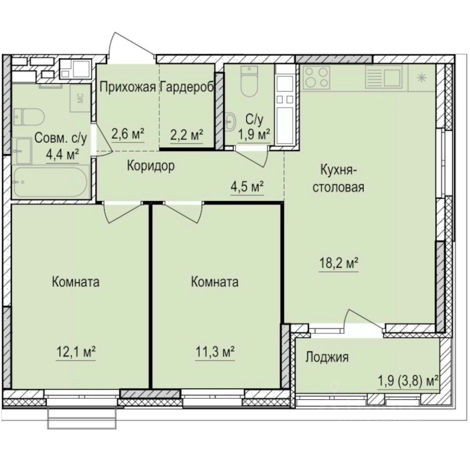 2-комн.кв., 59,1 м², 15/17 этаж