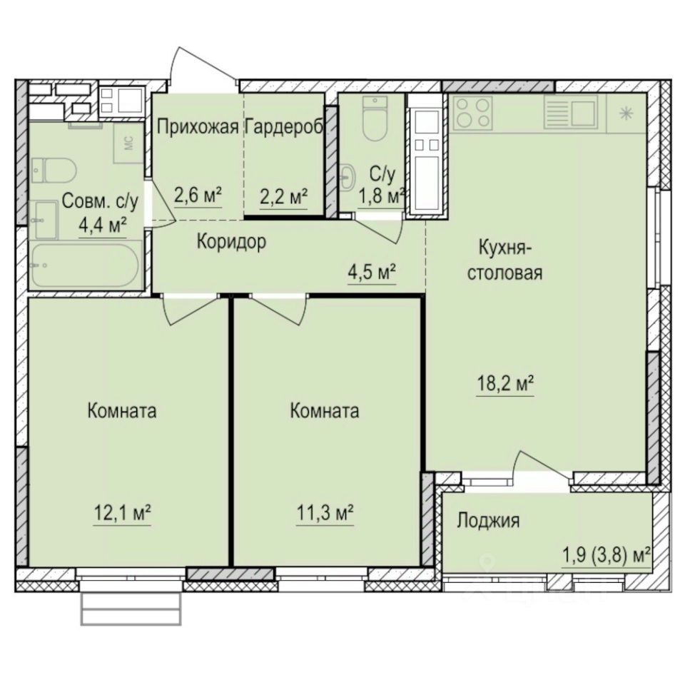 2-комн.кв., 59 м², 17/17 этаж