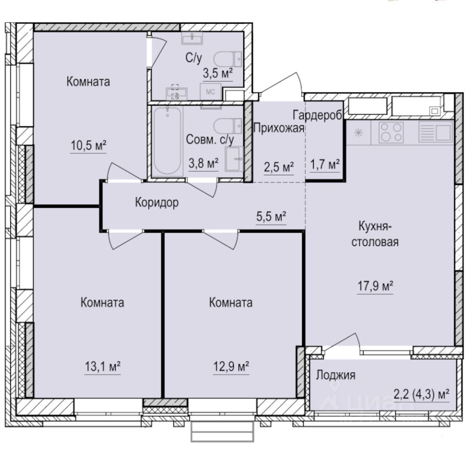 3-комн.кв., 73,6 м², 2/17 этаж