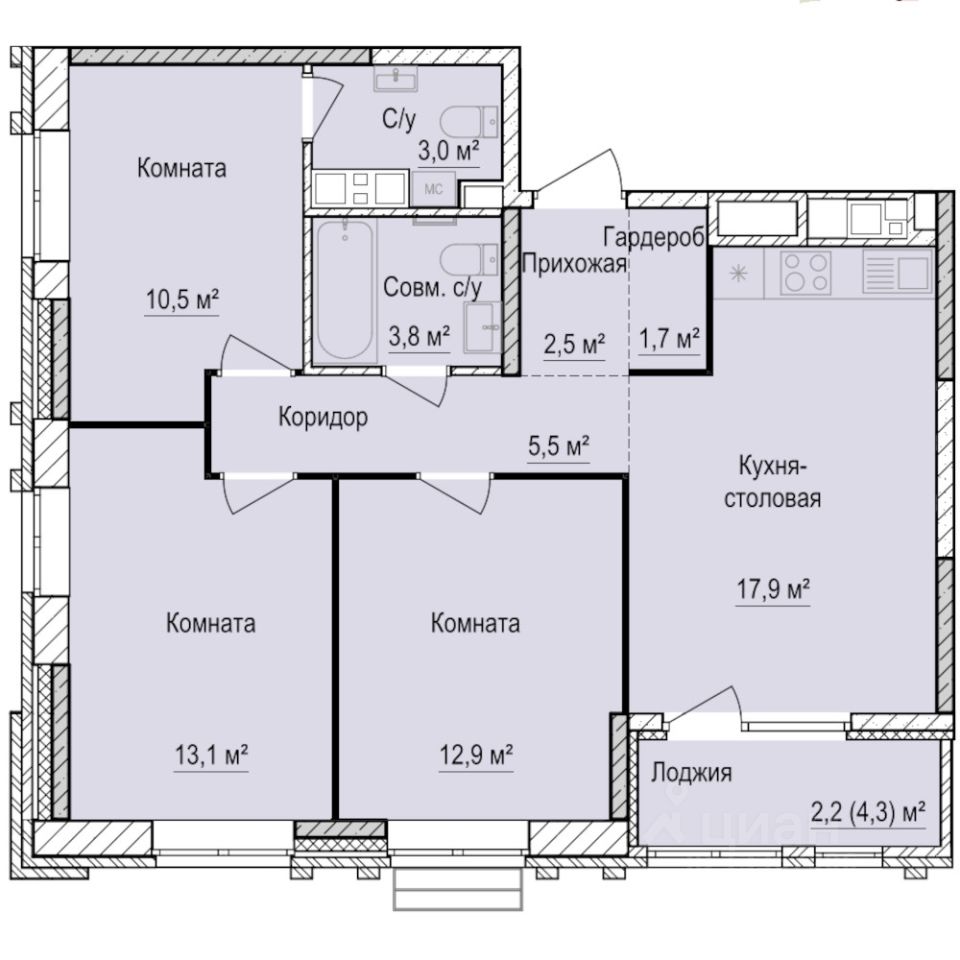 3-комн.кв., 73,1 м², 5/17 этаж