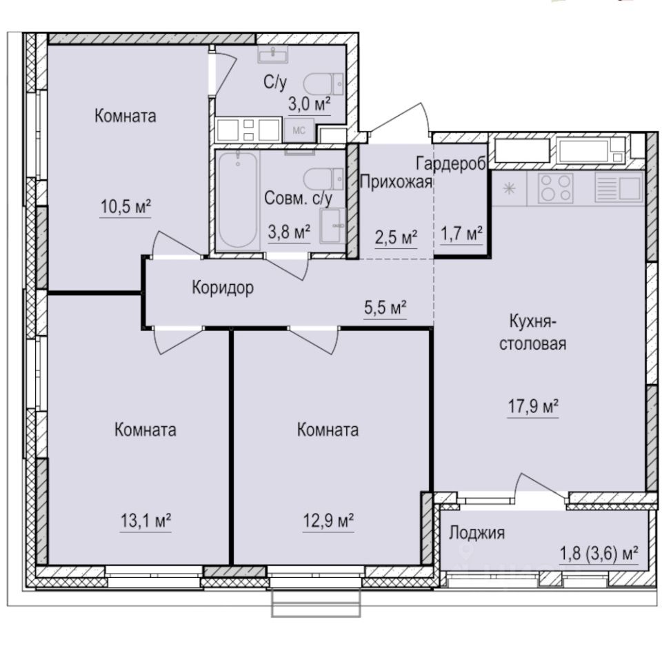 3-комн.кв., 72,7 м², 8/17 этаж