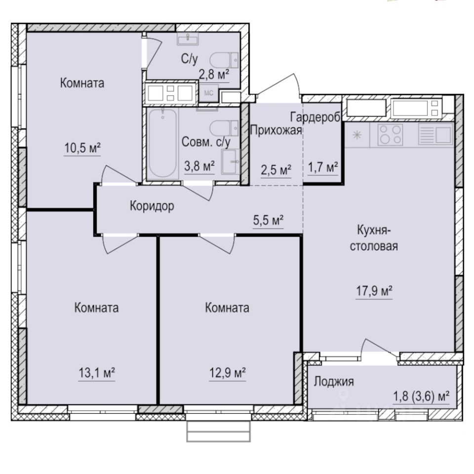 3-комн.кв., 72,5 м², 17/17 этаж