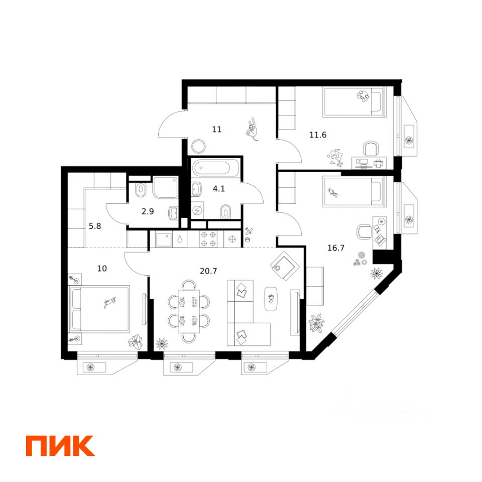3-комн.кв., 82,8 м², 14/32 этаж