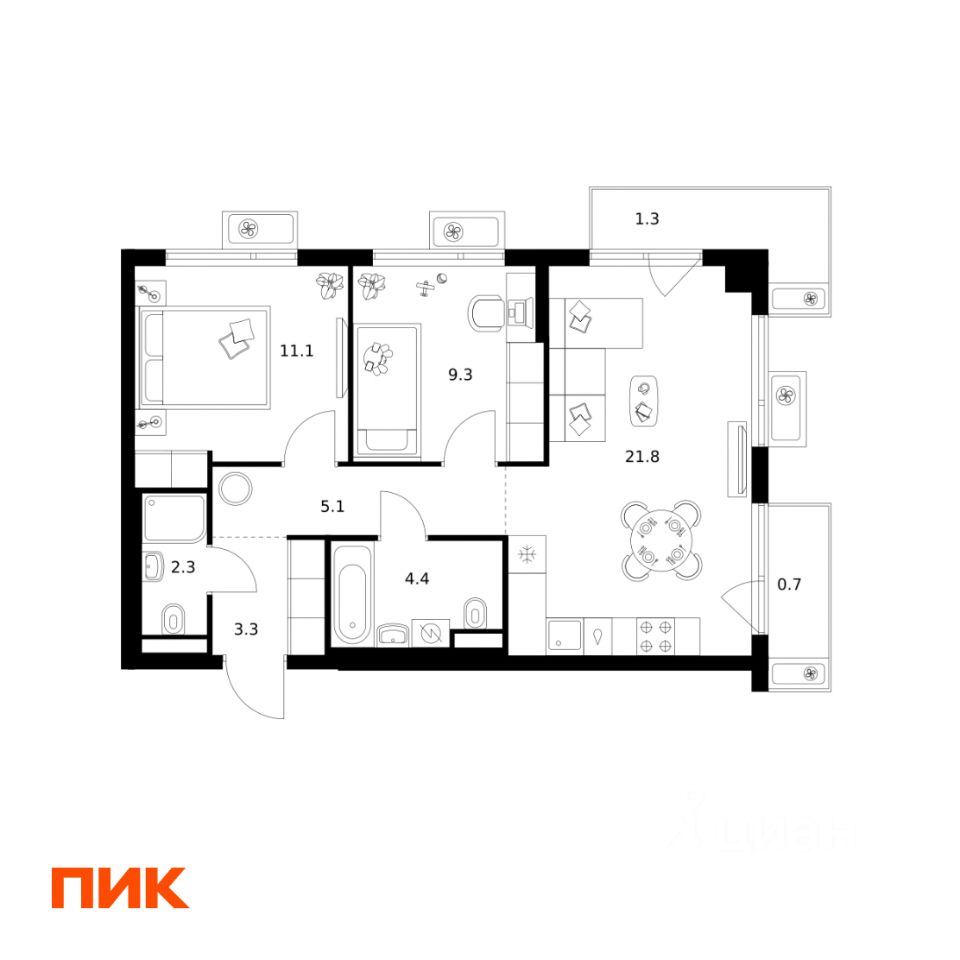 2-комн.кв., 59,3 м², 9/9 этаж